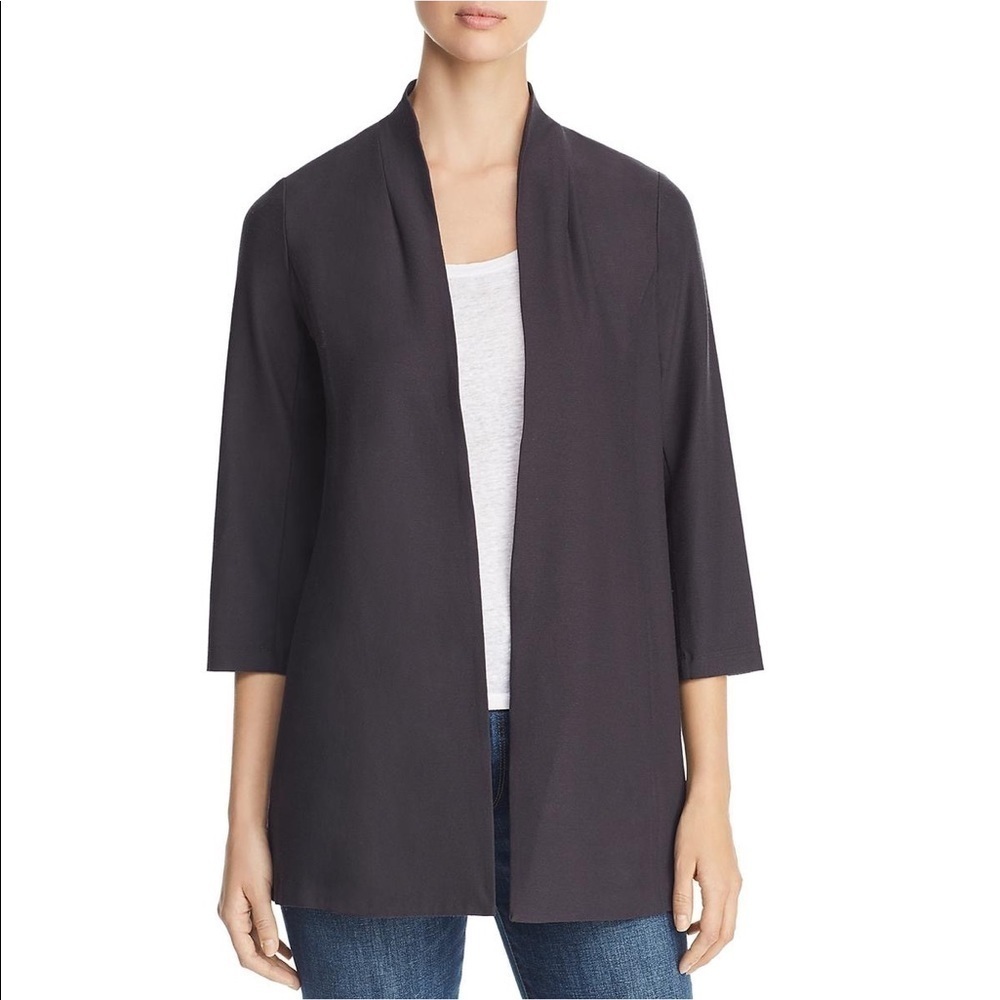 Eileen Fisher Graphite Open-Front 3/4-Sleeve Lightweight Stretch Crepe Jacket S